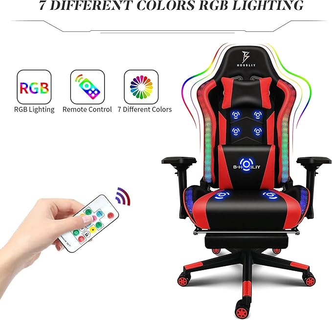 Gaming Chairs for Adults Massage Video Game Chairs with Speakers and RGB Lights Ergonomic High Back Computer Chair with Footrest and 4D Handrail PU Leather 360° Swivel Racing ChairRed