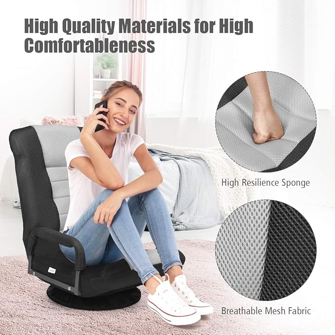 GOFLAME Swivel Gaming Floor Chair 360 Degree Folding Chair with Adjustable 6-Position Backrest and Armrest Lazy Sofa Lounger for TV Reading Playing Video Games (Black/Grey)
