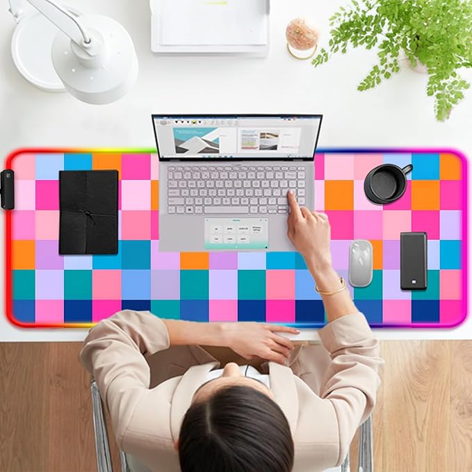 RGB Retro Coloful Checkered Gaming Desk Mat Computer Keyboard Large Extended Long LED Mouse Pad for Office and Home XL (W20)