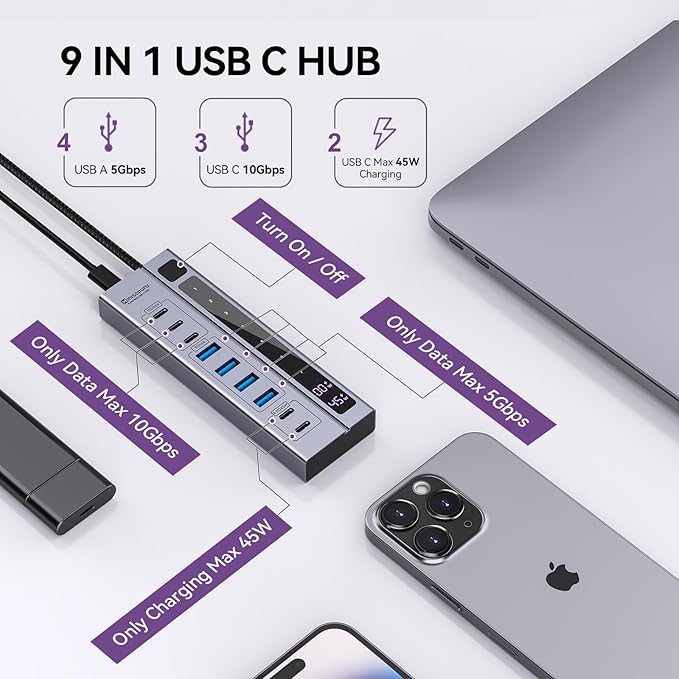 Minisopuru Powered USB C Hub – Support Max 45W Charging with 65W USB-C Power Adapter 10Gbps USBC Hub Charging for Meta Quest Pro Steam iPad Pro iPhone Watch (Not for Monitor)