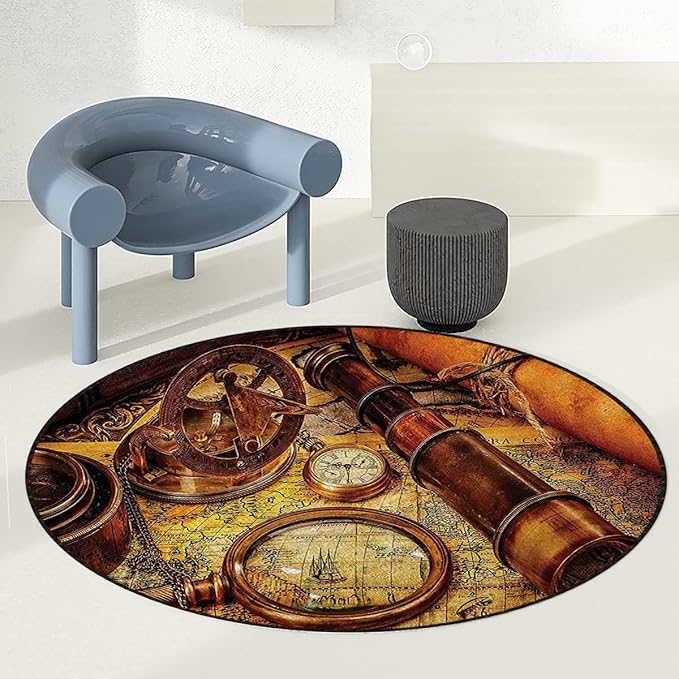 Nautical Office Home Chair Mat Gaming Computer Rolling Chair Mats Magnifying Glass Compass Telescope Old Map Round Chair Cushion Non-Slip Low-Pile Hardwood Floor Mats Antique Decor Diameter 36 in