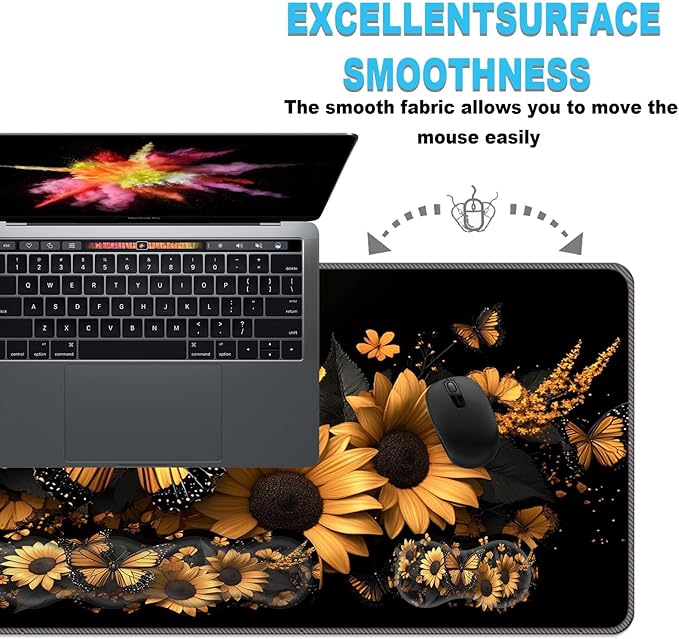 Keyboard Wrist Rest and Mouse Pad Set31.5x11.8 Inches Desk MatWaterproof Non-Slip Ergonomic Wrist Support for Pain ReliefExtended Desk Protector for Office Home GamingButterfly Sunflower