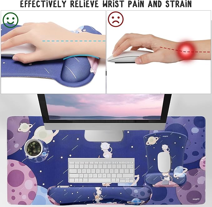 MEGREZ 4-in-1 Ergonomic Memory Foam Wrist Rest Set Desk Pad Mouse Pad with Wrist Rest Keyboard Pad Suitable for Office Workers Programmers &amp Gamers–Relieve Typing &amp Gaming Fatigue Cat Pl