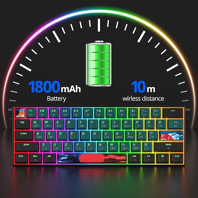 surmen GT61 Wireless 60% Keyboard Mini RGB Mechanical Gaming Keyboard 60 Percent Hot-Swappable with Linear Gateron Switch Type-C/Bluetooth 5.0 Programmable (Gateron Yellow Sound Wave 61)
