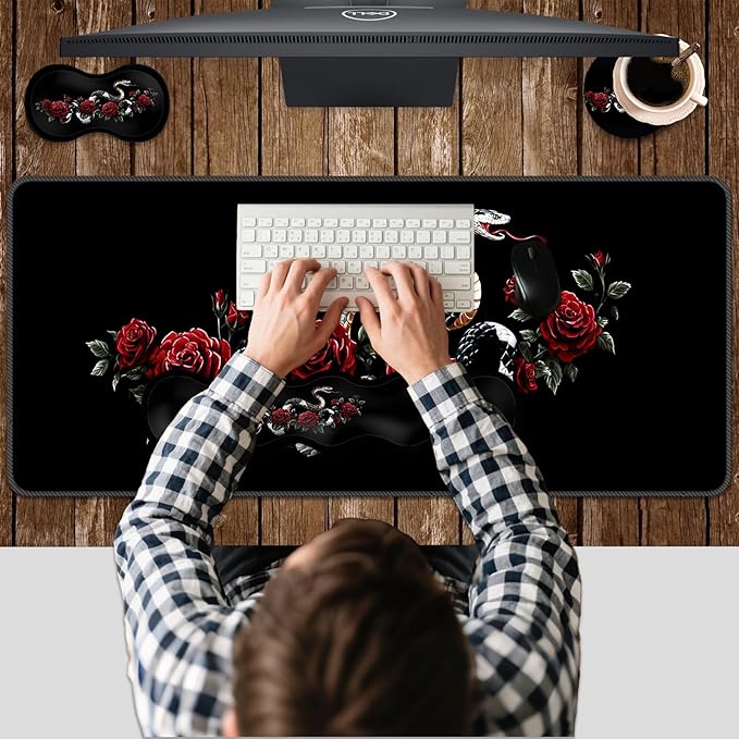 Ergonomic Keyboard Wrist Rest &amp Mouse Pad Wrist Rest SetXL Gaming Desk Mat 31.5x 11.8Non-Slip BaseMemory FoamEasy Typing Pain Relief for Office &amp HomeSnake with Red Roses