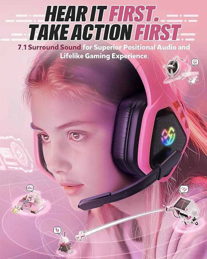 Tatybo Wireless Gaming Headset for PC Ps5 Ps4 2.4 Ghz USB &amp Type-C Gaming Headphones with Microphone 30H Battery Bluetooth Headphones for Switch Laptop Mobile Mac (Black Pink)