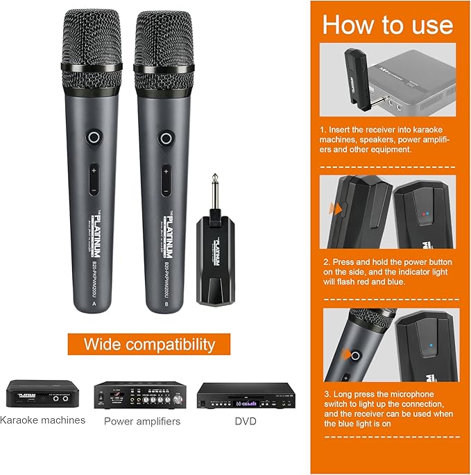 The Platinum Wireless Microphone for mic Input UHF Metal Dynamic Handheld Multipurpose mic with Rechargeable Receiver 160ft Range Suitable for Karaoke Machine/Amplifier Speake/Mixer/Church