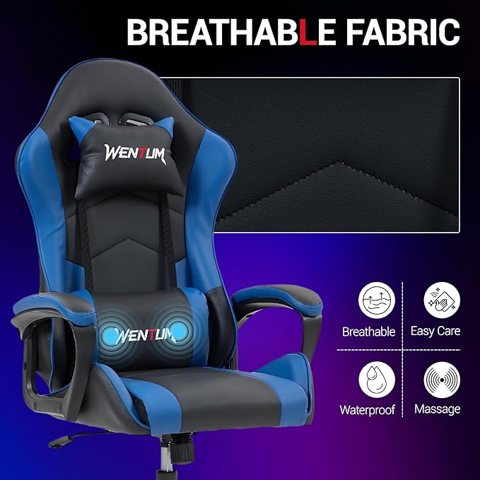 Massage Gaming Chair Ergonomic PC Desk Chair with Headrest and Massage Lumbar Support Video Game Chair w/Height Adjustable High Back for Home Office Blue