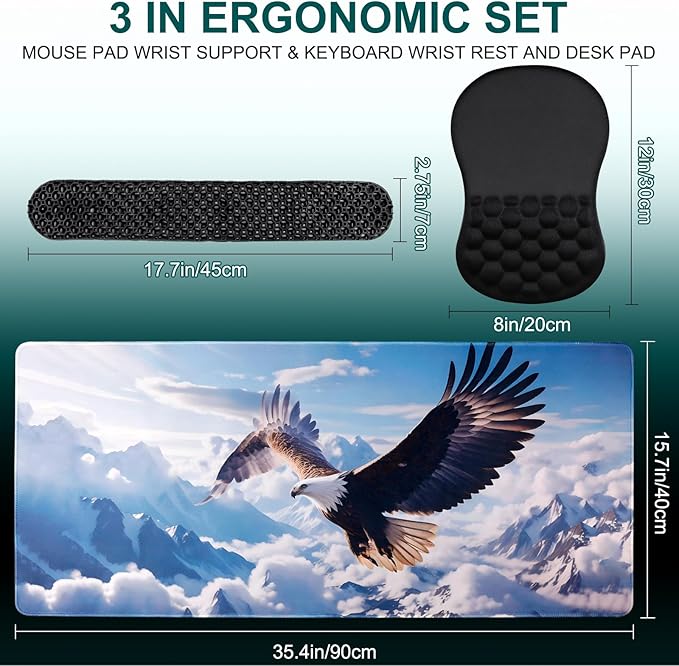 3 in 1 Set Ergonomic Mouse Pad with Wrist Rest Keyboard Wrist Rest Non-Slip Desk Pad Memory Foam Breathable Support for Prolonged Typing and Mouse Use Relief from Wrist Fatigue Jamboa