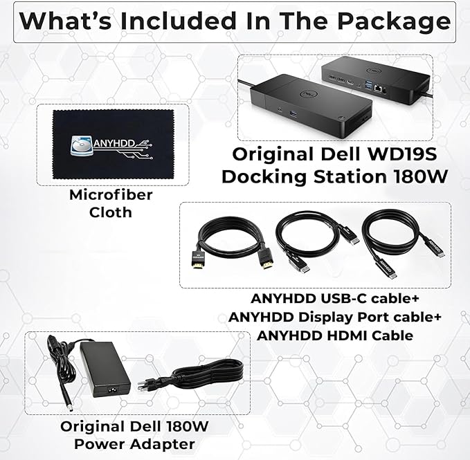 Dell WD19S Docking Station Dual Monitor Bundle - 180W Supports 4K Display Dell Dock with 180W Power Supply + Anyhdd 4K HDMI Cable + 4K DisplayPort Cable + USB-C Cable + Microfiber Cloth Included