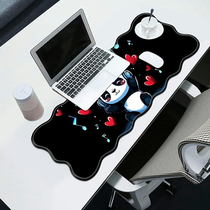 Panda Wearing Headphones Desk Mat Mouse Pad 31.5 x11.8 XL Extended Mousepad Huge Mouse Pads with Stitched Edges Desk Pad for Work Game Office Home