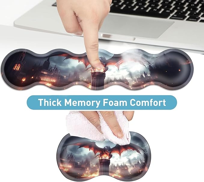 Keyboard Mouse Pad Set Extended Gaming Mouse Pad+Ergonomics Keyboard Wrist Rest Support Memory Foam Easy Typing Pain Relief 4Pcs XL Ultra Thick Desk MatDragon Over Burning Castle