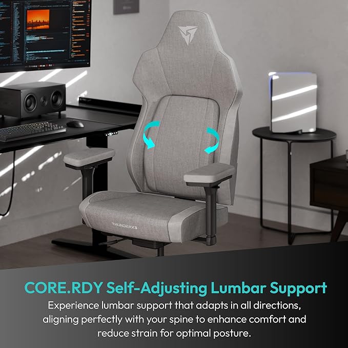 ThunderX3 CORE Smart LOFT Gaming Chair Light Grey – Ergonomic Office Chair Automatic Lumbar Support Synchronised Mechanism 3D Armrests Fabric Cover for Users up to 125kg 155-190cm