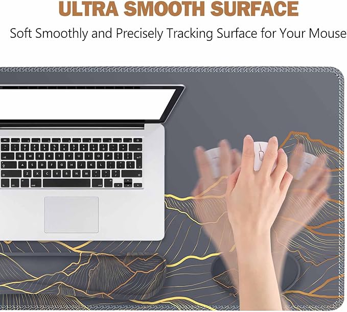 ToLuLu Extended Gaming Mouse Pad Memory Foam Ergonomic Keyboard Mouse Wrist Rest Support Set Large Desk Mat with Stitched Edges Non-Slip Base Mousepad for Home Office and Game Golden Mountain