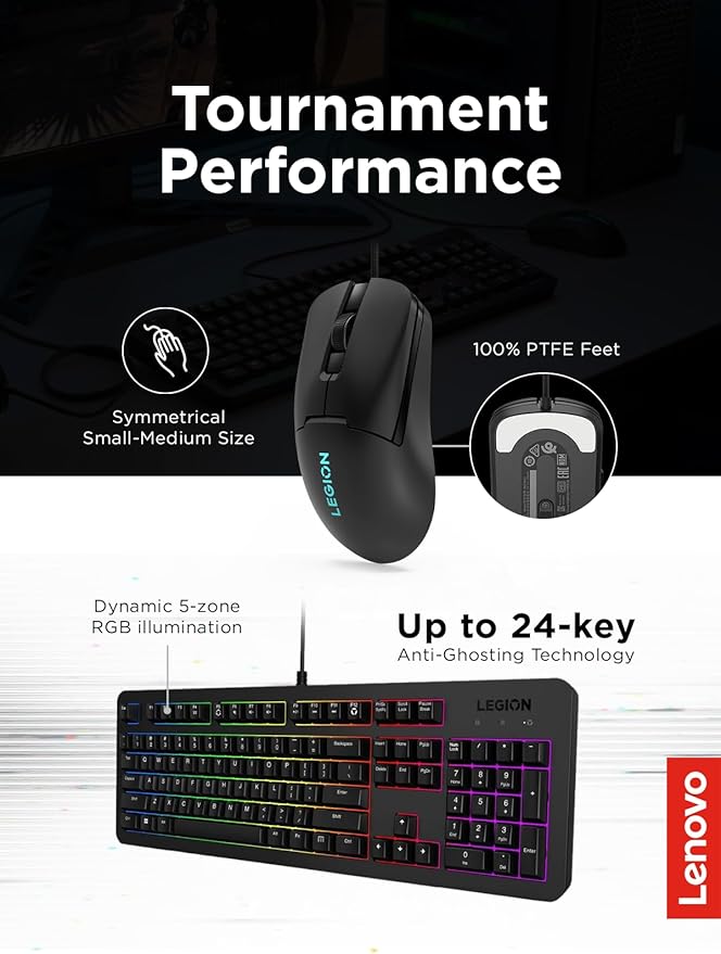 Lenovo Legion KM310 RGB Wired Gaming Keyboard &amp Mouse Combo - K310 Keyboard w/Silent Operation &amp Compact Water-Resistant Design - M300S Mouse with 8000 Adjustable DPI 220 IPS 6 Programmable