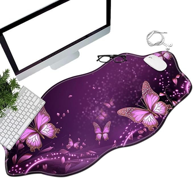 Purple Butterfly Desk Mat Mouse Pad 35.4X15.7 XL Extended Mousepad Huge Mouse Pads with Stitched Edges Desk Pad for Work Game Office Home