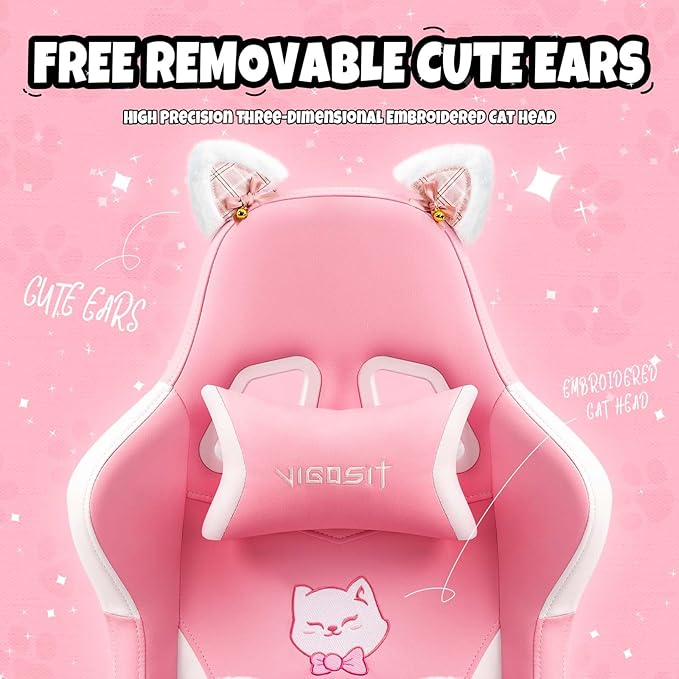 【Gaming Chair with Paw Cushion】 Kawaii PC Gamer Chair for Girls Teens Adjustable Height &amp 90-155° Recline 360° Swivel with Retractable Footrest (Pink)