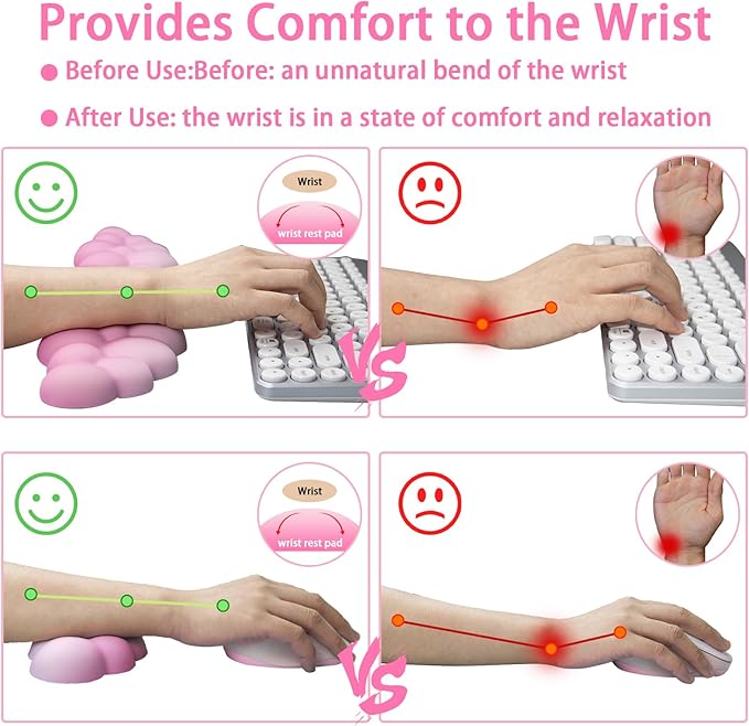 2026 Cloud Mouse Pad and Keyboard Wrist Rest Set4 Pcs Pink Ergonomic Arm Support for Computer DeskCute Palm Resting Cushion with Mousepad &amp Coaster | Office Computer Laptop Typing Pain Relief