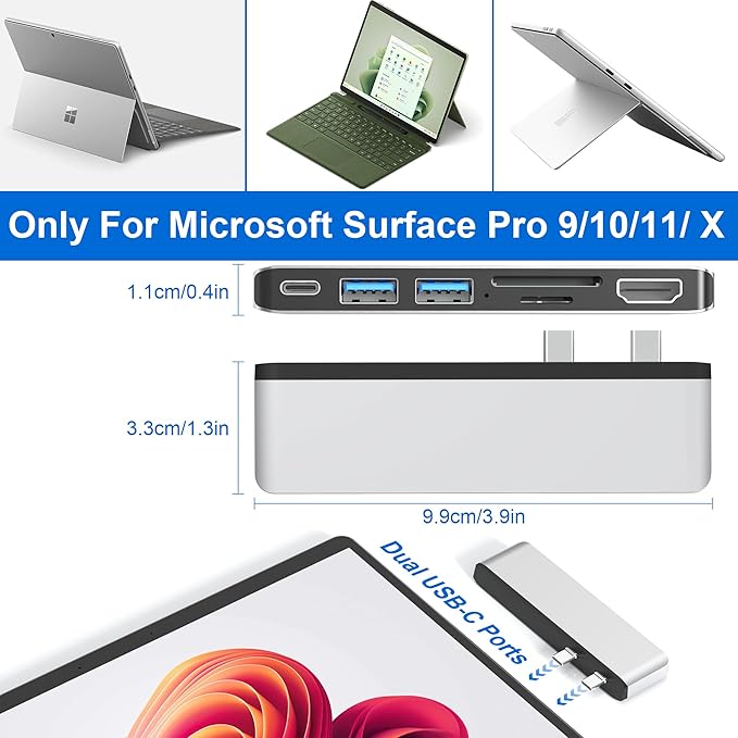 Surface Pro 9/10/11/X USB Hub Docking Station Surface pro 9 Accessories with 4K HDMI USB-C Thunerbolt 4 (Display+Data+100W Charging) 2 USB 3.0 SD/TF USB C Hub for Surface Pro 9/Pro10/Pro11/ProX