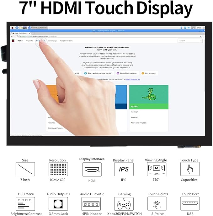 7 inch Capacitive Touch Screen IPS Screen Display 1024x600 Resolution 7 HDMI LCD Module for Raspberry Pi Jetson Nano Developer Kit PC Supports Various Systems