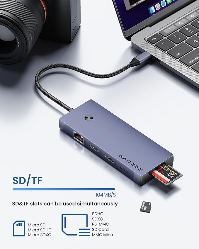 Laptop Docking Station Dual Monitor 10-in-1 USB-C Hub with Dual HDMI 4K Ethernet PD 100W Charging USB 3.0 USB-A and USB-C with 5Gbps Data Transfer SD/TF Card Reader for MacBook and More