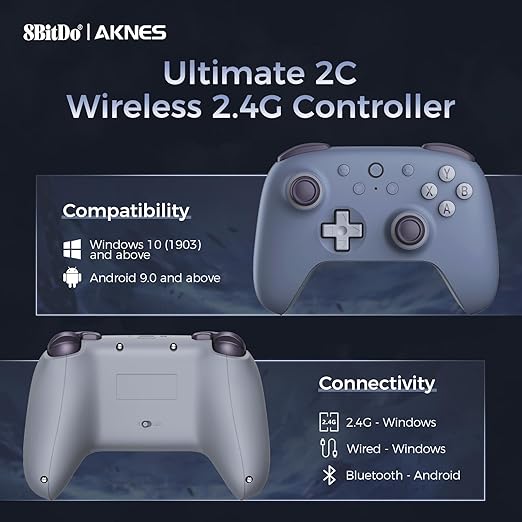 AKNES 8Bitdo Ultimate 2C Wireless 2.4G Controller for Windows PC and Android Gamepad with Hall Effect Joysticks and Hall Triggers 1000Hz Polling Rate Remappable L4/R4 Bumpers - Blueberry