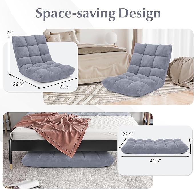 14-Position Floor Sofa Folding Gaming Sofa Chair Comfy Cushions &amp Study Steel Frame Angle Adjustable Sleeper Bed Couch Recliner (Grey)