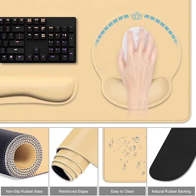 Dapesuom Large Gaming Mouse Pad Mouse Pads with Wrist Rest Wrist Support 4in1 XXL Desk Mat Desk Pad + Ergonomic MousePad + Memory Foam Keyboard Mat Wrist Rest + Coaster Set for ComputerNavajo White