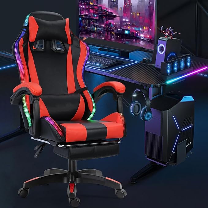 Gaming Chair with Bluetooth Speakers and RGB LED Lights High Back Video Game Massage Chair 360° Swivel Height Adjustable Recliner with Footrest &amp Headrest Lumbar Support Pillows (Black &amp Red)