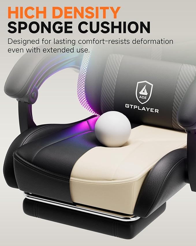 GTPLAYER Gaming Chair Ergonomic Computer Office Chairs for Adults with Footrest Height Adjustable Linkage Armrests 90-155° Recline &amp Headrest Lumbar Support RGB Black