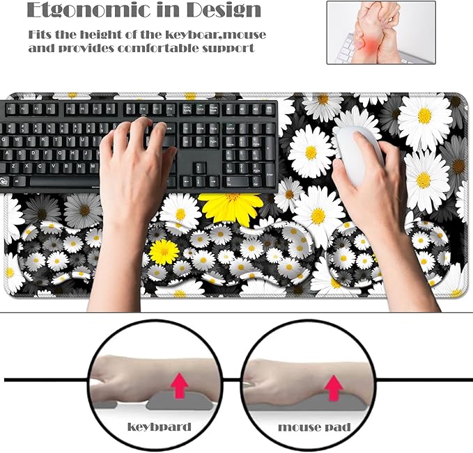 Ergonomic Keyboard Wrist Rest &amp Mouse Pad Wrist Rest SetXL Gaming Desk Mat 31.5x 11.8Non-Slip BaseMemory FoamEasy Typing Pain Relief for Office &amp HomeYellow Daisy