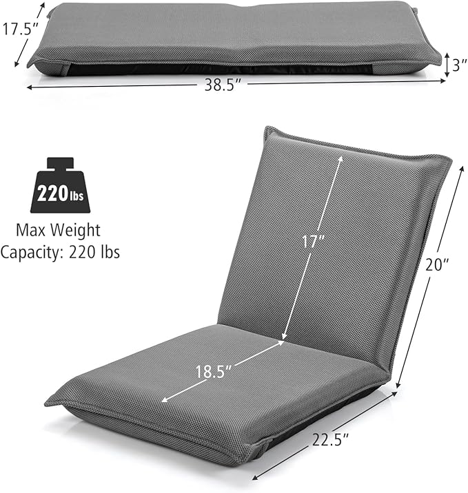 MAT EXPERT Adjustable Floor Chair 6-Position Mesh Floor Gaming Chair Folding Lazy Sofa Padded Lounger Recliner Cushioned Floor Chair with Back Support for Reading Meditating (Gray)