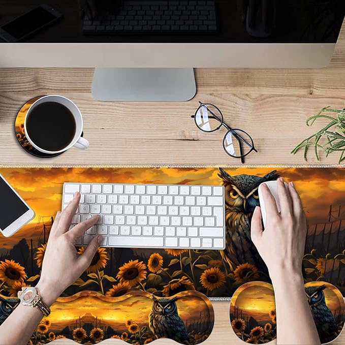 Gaming Mouse Pad Set Large Gaming Mouse Pad+Keyboard Wrist Rest+Mouse Wrist Rest+Coaster Easy Typing Pain Relief 31.5 × 11.8 inch Desk Mat for Home Office - Owl Among Sunflowers at Dusk