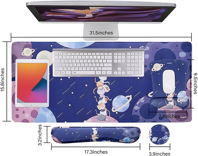 MEGREZ 4-in-1 Ergonomic Memory Foam Wrist Rest Set Desk Pad Mouse Pad with Wrist Rest Keyboard Pad Suitable for Office Workers Programmers &amp Gamers–Relieve Typing &amp Gaming Fatigue Cat Pl