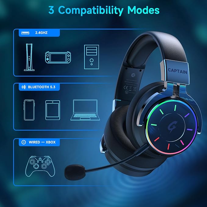 COOLV 2.4GHz Wireless Gaming Headset for PS5 PC PS4 - RGB Light Gaming Headset 60 HR Battery 7.1 Surround Sound Bluetooth 5.4 Gaming Headphones with Mic