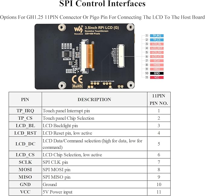 3.5inch Resistive Touch Display Compatible with Pi 5/4B/3B+/3B/Pico W/Pico 2W/ ESP32 IPS LCD Screen 320×480 Resolution 262K Color Pigo Pin Header and GH1.25 11PIN Cable Two Connection Ways