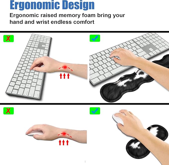 4 in 1 Ergonomic Memory Foam Mouse Pad Wrist Rest Set Large XXL Gaming Desk Pad + Keyboard Wrist Rest + Mouse Wrist Cushion + Coaster for Home Office Study Gaming Black and White Cow Print