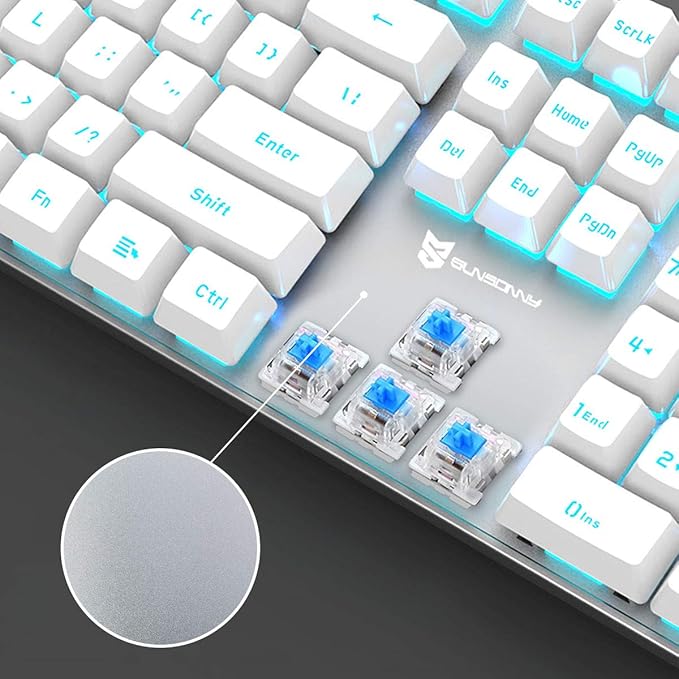 Hot Swappable 104 Keys Full Size Mechanical PC Gaming Keyboard | Blue Switch White Mechanical Wired Computer Keyboards | LED Backlit 104 Keys US Layout Light Up Wired Gaming Keyboard