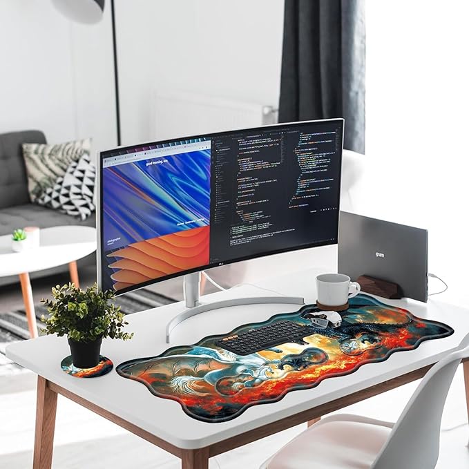 Large Gaming Mouse Pad Keyboard Wrist Rest Pad &amp Wrist Support Mousepad Set Stitched Edge Extended Non-Slip Base Memory Foam Desk Mat for Office HomeHorse and Dragon