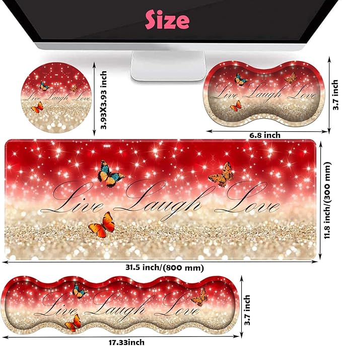 Large XXL Gaming Desk Mat 31.5x 11.8 Ergonomic Keyboard Wrist Rest &amp Mouse Pad Wrist Rest + Coaster Set Non-Slip Base Memory Foam Office and Home Live Laugh Love