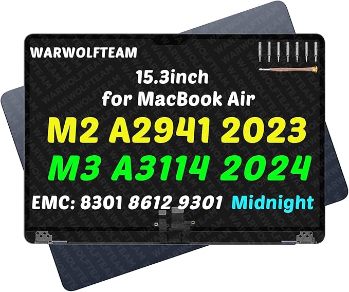 15.3inch Compatible with MacBook Air Retina A2941 2023 M2 EMC 8301 A3114 2024 M3 EMC 8612 EMC 9301 2880 x 1864 LCD Screen Display Replacement Complete Assembly (Midnight)