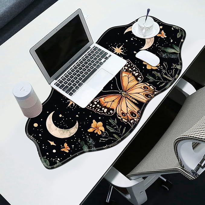 Stars Moons and Butterfly Desk Mat Mouse Pad 35.4X15.7 XL Extended Mousepad Huge Mouse Pads with Stitched Edges Desk Pad for Work Game Office Home