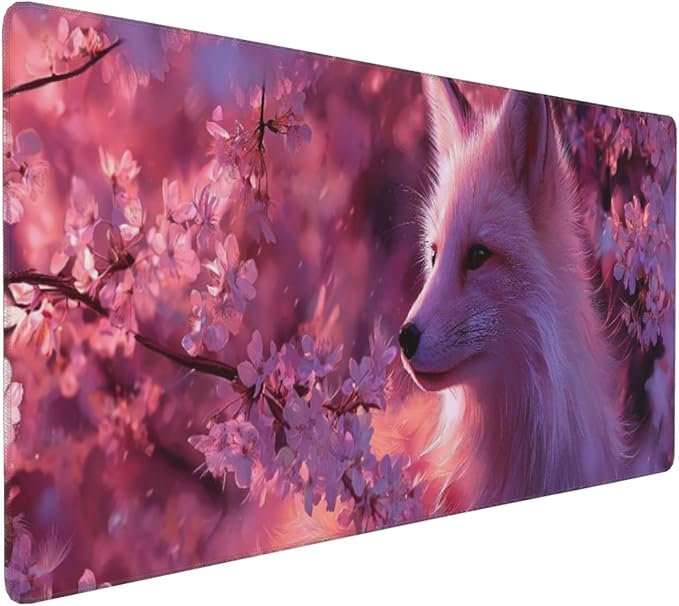 Cherry Blossom White Fox Gaming Mouse Pad Non-Slip Rubber Base 2XL Mousepad with Stitched EdgesWaterproof Washable Mouse Mat for Desk Home Office Gaming 16x35.5in