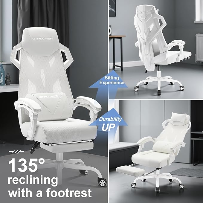 GTPLAYER Gaming Chair Computer Chair with Mesh Back Ergonomic Game Chair with Footrest Reclining Game Chair with Adjustable Headrest and Lumbar Support for Gaming and Office (White)