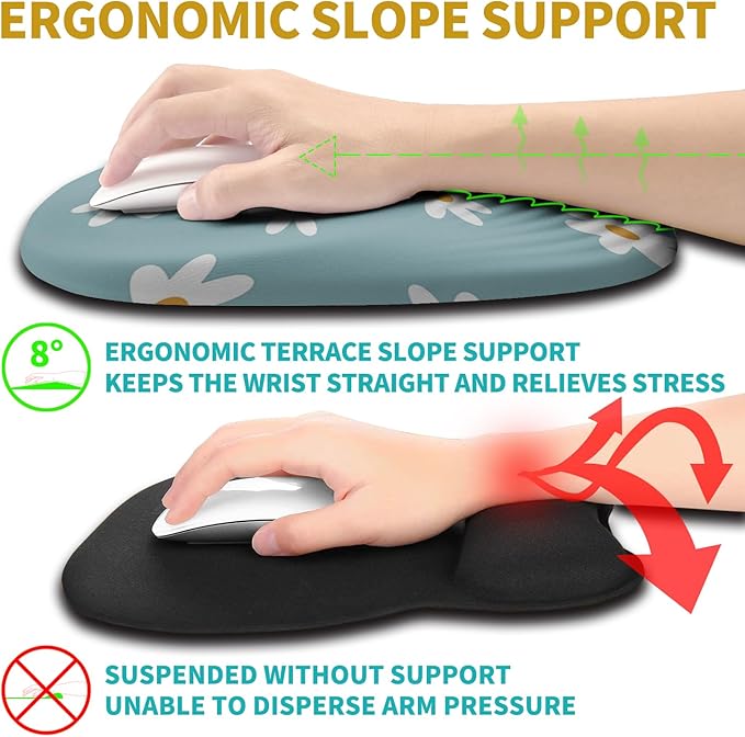 Hokafenle Ergonomic Mouse Pad Wrist Support with Stepped-Wedge Design Wrist Rest Pain Relief Mousepad Filled with Memory Foam Carpal Tunnel Mousepad for Wireless Mouse(12x8 inch Little Daisy)