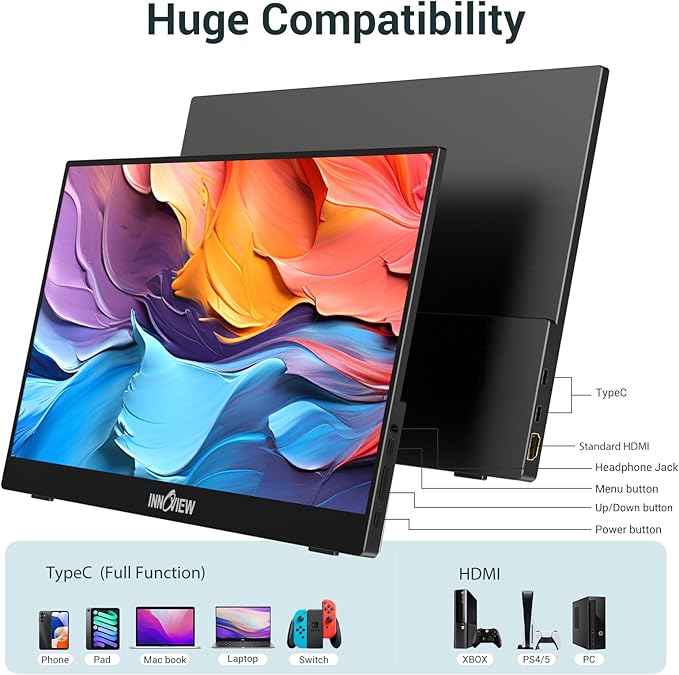 InnoView Portable Monitor 15.6 Inch FHD 1080P HDMI USB C Second External Monitor for Laptop Desktop MacBook Phones Tablet PS5/4 Xbox Switch Built-in Speaker with Protective Case