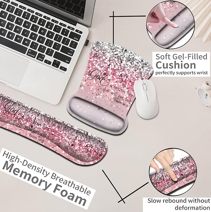 Mouse Pad with Wrist Support Ergonomic Gel Mouse Pad Memory Foam Keyboard Wrist Rest Suitable for Office Typing Games Psalm 46:5 Bible Verse and Pink Glitter Desk Pad