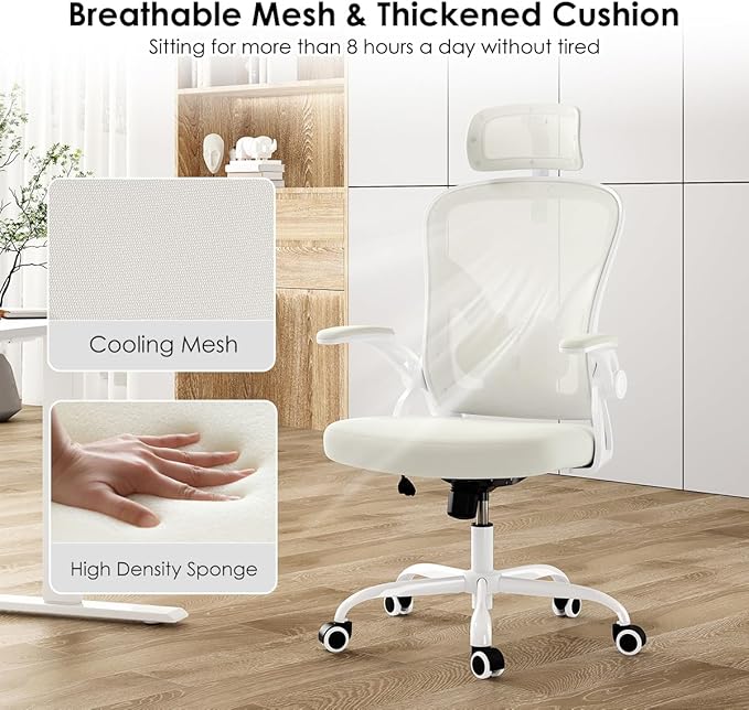 Ergonomic Office Chair with Adjustable Headrest and Flip-Up Armrests - High Back Mesh Computer Desk Chair with Lumbar Support for Home Office Gaming and Study 300 lbs Capacity (White Model E)