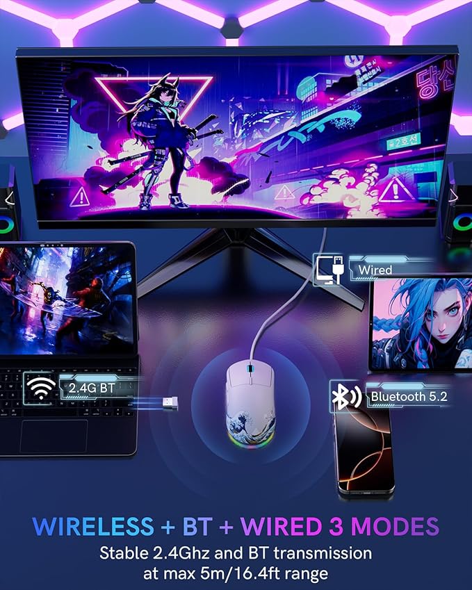 G57 Wireless Gaming Mouse 8000 DPI 80g 2.4G/Bluetooth/USB-C Rechargeable Wireless Mouse with 5 Programmable Buttons for PC/Mac White