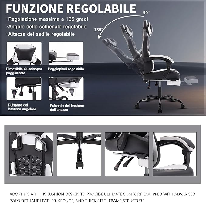 Computer Chair Gaming Gaming Chair with Massager Ergonomic High Back Racing Style Chair with Padded Armrests and Headrest for Long Sessions Work Game (Black White)